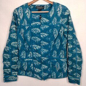 Lucky Brand Live In Love Jacket Blue Leaf Batik Quilted Zip Up Boho Hippie Artsy
